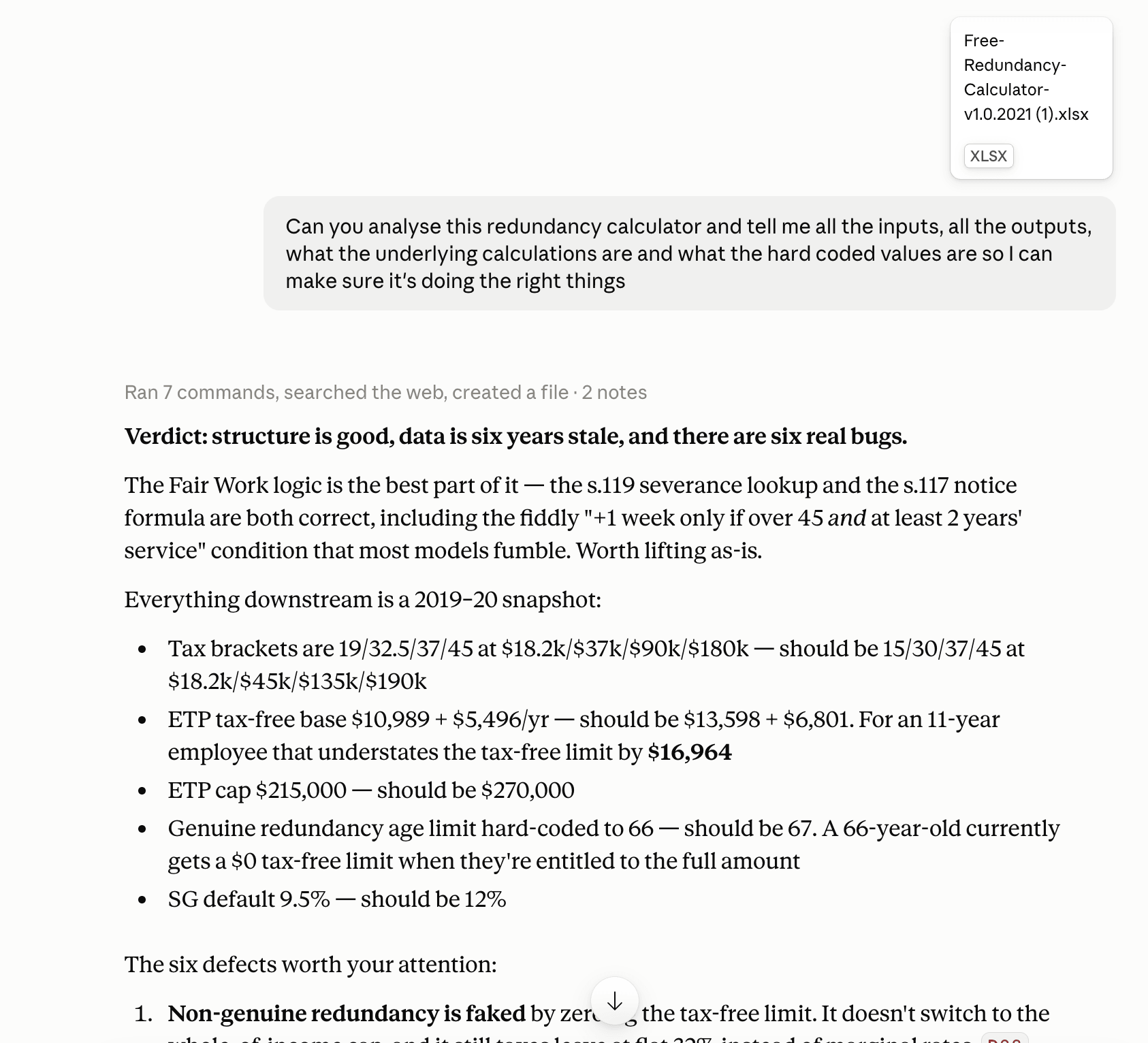 AI analysis of a payroll redundancy calculator, flagging stale rates and hard-coded values