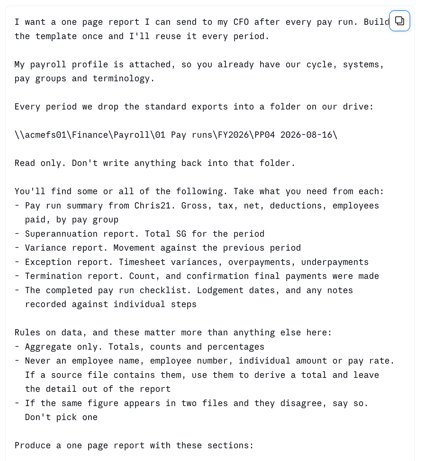 Example prompt for generating a one-page pay run report with AI