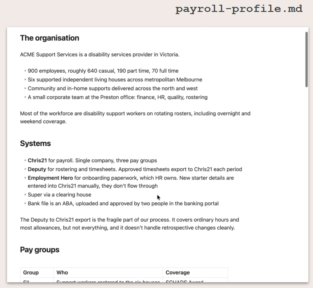 Example payroll profile document produced by AI
