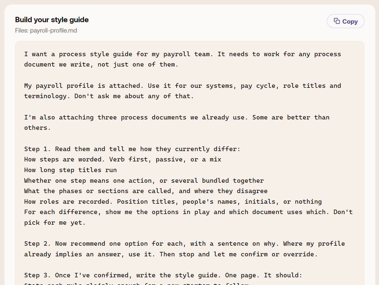 Example process style guide produced by AI